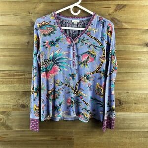 Sundance Women Pajama Shirt Garden Tapestry Cotton Waffle Weave Henley Medium